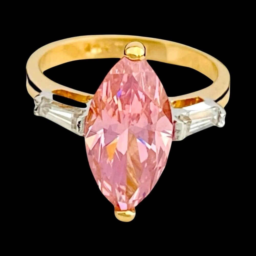 Vintage 1980s Ring Size 7 Pink Cubic Zirconia 14KTGE Baguette Accents - 14C